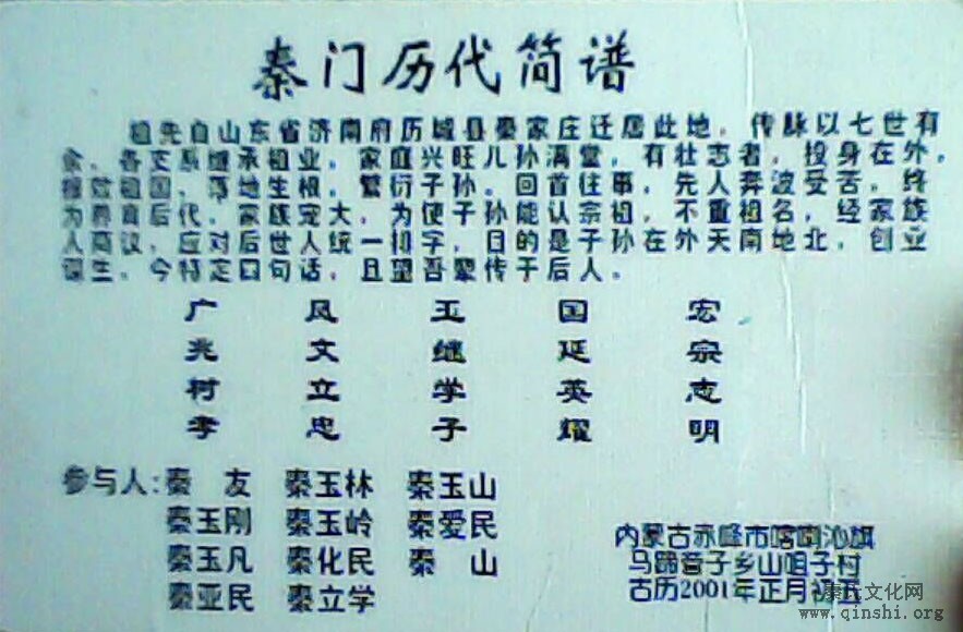 内蒙古赤峰市喀喇沁旗马蹄营子乡山咀子村秦氏简谱